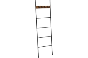 VASAGLE Leaning Display Ladder Shelf, Towel Rack, 5 Tiers, 44 x 160 cm, Space Saving, Steel Frame, 4 Hooks, for Blankets, Towels, Industrial Style, Rustic Brown and Black LLS016B01