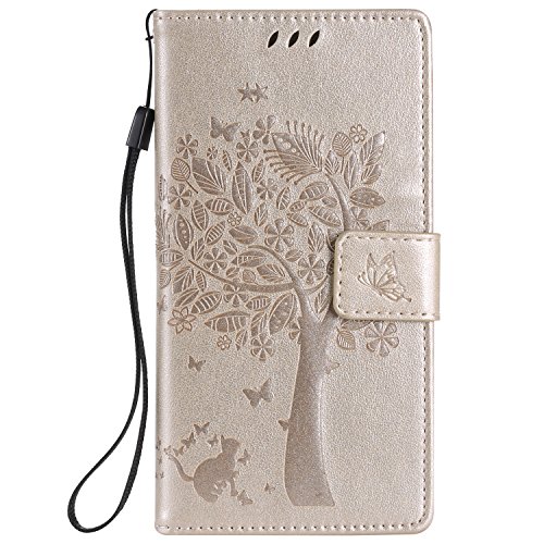 Cozy Hut Mehrfarbige PU Leder Klappe Tasche Schutz Hülle für Huawei P8 Lite in Ölmalerei Stil Colorful Painting Flip Case KunstLedertasche Etui Schutz Hülle Handytasche mit Standfunktion Kartenfächern(Katzen und Baum) - golden