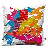 Indigifts Holi Special Colors of Love Quote Hand Drawn Couple Illustrated on Splash of Colors Multi Cushion Cover 12x12 inch with Filler - Holi Gifts, Holi Items, Home Decoration, Couple Gifts