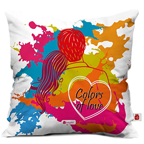 Indigifts Holi Special Colors of Love Quote Hand Drawn Couple Illustrated on Splash of Colors Multi Cushion Cover 12x12 inch with Filler - Holi Gifts, Holi Items, Home Decoration, Couple Gifts