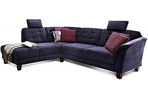 ‎CAVADORE Cavadore Ecksofa Trond mit Federkern / Sofa L-Form im Landhausstil mit Ottomanen links und verstellbaren Kopfstützen / 260 x 89 x 214 / Webstoff dunkelblau