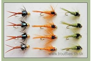 TROUTFLIES UK GOLDHEAD NYMPHS Gold Bead Nymph Trout Flies, 12 Pack, Copper John, Olives & Orange, Size 10/12