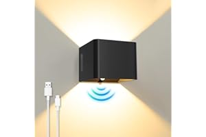 ‎ACMHNC ACMHNC Akku Wandleuchte mit Bewegungsmelder, 5W LED Wandleuchte Ohne Stromanschluss, 3000mAh, Ohne Bohren & Kabel, 3000K,USB Aufladbar Wandlampe Innen für Flur, Treppe, Wanddeko Wohnzimmer, Schwarz
