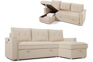 Nalui - Sofa Cama Chaise Longue Haven 213x129x81cm Reversible con Arcón de 127,6L. Sofa de Salon 3 Plazas Convertible en Cama de 122 x 190 cm. Incluye Bolsillos y Tejido 360º, Beige
