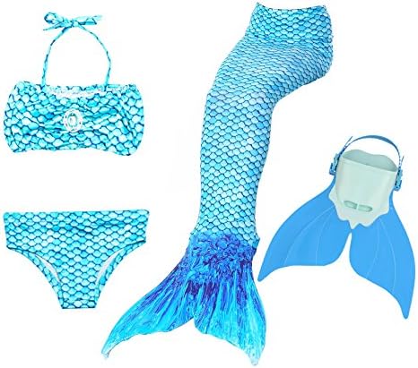 Superstar88 4PCS Girls Mermaid Tail Swimsuit Sparkle Princess Bikini Swimwear (105 Blue, 130 (7-8 Years Old))