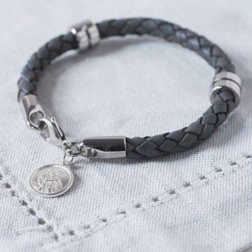 St Christopher Leather Wristband (Slate Grey)