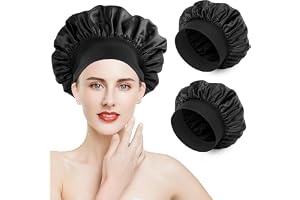 Romon Satin hårmössa, 2 stycken sovmössa, silke, sovmössa, bonnet natt sovmössa, justerbar sovmössa, huvudbonad, mjuk huvudbonad med elastiskt band för kvinnor och flickor, svart, En Storlek