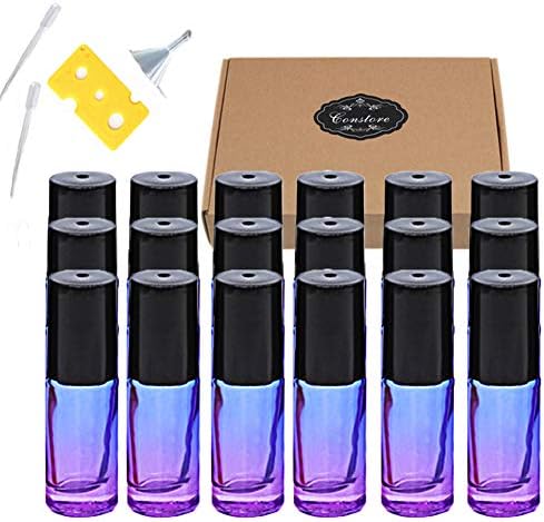 ConStore Essential Oil Roll On Bottle Gradient Color Roller Bottles 5ml Thick Glass Roller Ball Containers (18Pack,Rainbow Glass,1pc Opener&Box&Funnel,2pcs Dropper) Travel Perfume Metal Ball Vials