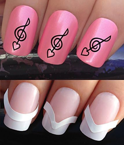 WATER NAIL TRANSFERS DECALS STICKERS ART SET #604 &amp; 172. **plus x48 nail tip guides!!** x24 LOVE HEART TREBLE CLEF MUSICAL NOTE SHEET MUSIC TATTOO WRAPS &amp; x48 FRENCH MANICURE TIP GUIDES! CAN BE USED WITH NATURAL GEL ACRYLIC STICK ON NAILS! OR WITH GLITTER DUST CAVIAR BEADS ALLOYS DECORATIONS CONFETTI FIMO SHAPES TAPE PENS RHINESTONES!