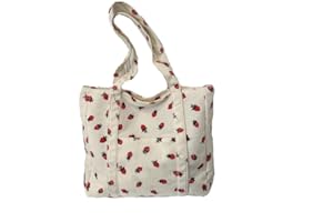 CONSTPROG Strawberry Print Corduroy Zip Tote Shopper Handbag Shoulder Travel Bag