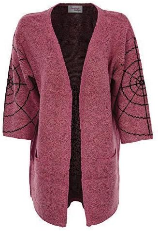 Ladies 3/4 Sleeve Open Front Knitted Spider Cobweb Women's Kimono Cardigan [Fuchsia, ONESIZE]