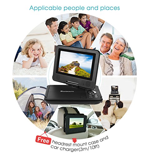 NAVISKAUTO Portable CD DVD Player with HD 7 Inch LCD Screen 5 Hours Rechargeable Battery Support MP3 USB/SD AV Out ,Includes Headrest Mount Case Car Charger
