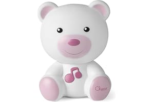 Chicco - Luce Notte e Luce Guida, Lampada Portatile a Forma di Orso con Musica Classica e Suoni Rilassanti, Evolutive, Rosa, 0 mesi +