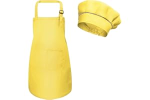 Fodlon Bambini Grembiule e Cappello da Cuoco, Bambino Regolabile Grembiuli da Chef con Tasche per Ragazze Ragazzi, Bambina Grembiule da Cucina per Cottura Cucinare Pittura (M per 3-6 Anni) (Giallo)