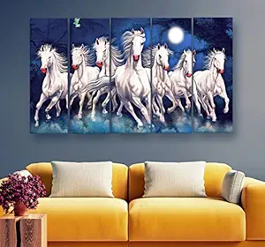 Artdira 7 Horses Vastu Prosperity Multiple Frames Wall Painting For Living Spaces, Bedroom, Hotels & Office With Sparkle Touch 7mm Hard Wooden Board (50*30 inches) AD_MFC_63