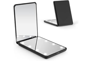 ‎WOBSION WOBSION LED Spiegel mit 1X / 3X Vergrößerung,Kleiner Reisespiegel mit Licht für Beleuchtung,Batteriebetrieben Taschenspiegel für Reise und Makeup,Tragbarer Handspiegel als Geschenk,Schwarz