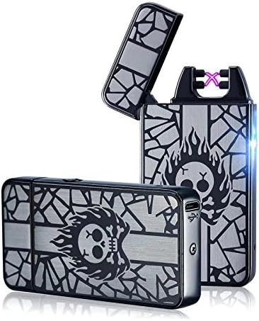 60% off end soon, Hurry, 2016 Newest Electronic Lighter - USB Rechargeable Double Electric Arc Flamless Windproof Cigarette Cigar torch Lighter with USB Cable No Gas for Man Woman Birthday Gift (Skull)