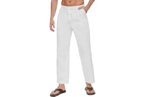 CheChury Pantalon Lino Hombre Verano Largo Pantalones Casual Bolsillos Laterales Cintura Elástica con Cordón Playa Yoga Pantalon Anchos Ligeros Pantalones de Lino para Hombre para la Playa