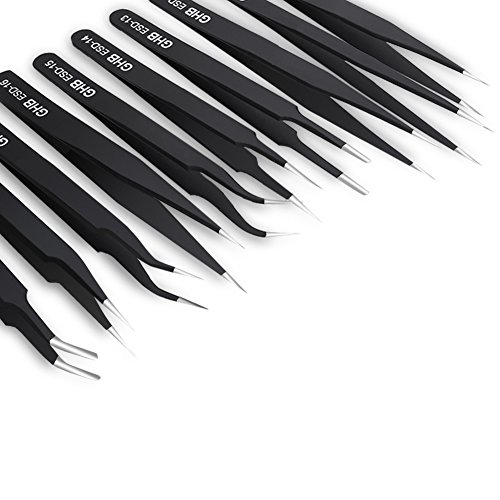 GHB 10Pcs Pinzetten ESD Anti Statik Edelstahl präzise Präzisions Reparatur Werkzeug Schwarz für Elektronik Schmuckherstellung Industrie Kosmetik - 7