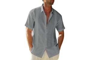 Friptspyg Hommes Chemise Lin Coton Manches Courtes Chemise de Plage Regular Fit Guayabera Camp Cubaine Chemises L'été