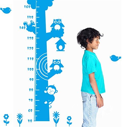 Winhappyhome Kids Growth Chart Owls Tree Wall Stickers for Children Bedroom Living Room TV Sofa Backdrop Home Decor Removable Height Dimension Drawings Decals (Blue)