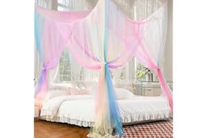 HANYUN Rainbow Mosquito Net for Double Bed 4 Corner Post Elegant Mosquito Net Bed Canopy Set Stick Hook & Profession Rope for Net, Screen Netting Canopy Curtains, Full/Queen/King for Camping and Travel