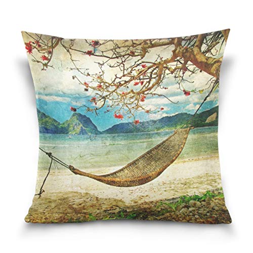 CrownLiny Hammock and Tree Tropical Landscape Painting Square Throw Pillow Case Cotton Velvet Cushion Cover 18' x 18'