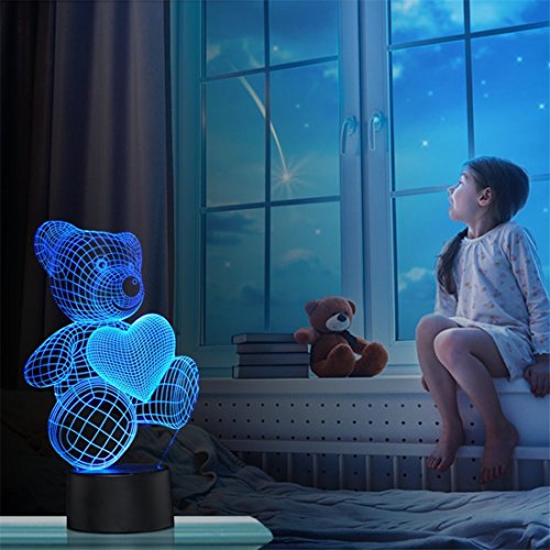 Liebe Herz Bär 3D Optische Illusions-Lampen, FZAI Tolle 7 Farbwechsel Acryl berühren Tabelle Schreibtisch-Nachtlicht mit 150 cm USB-Kabel für Kinder Schlafzimmer Weihnachten Geburtstagsgeschenke - 2
