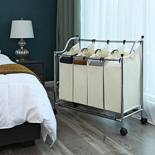 Songmics Wäschesortierer Wäschekorb Wäschewagen mit 4 × fächer beige LSF005S - 8