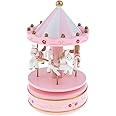 OM KRAFT Plastic and Metal Merry-Go-Round Rotating Small Carousel Wind Up Music Box with Flying Horse Fairground for Kids (Pink) - Musical Toy
