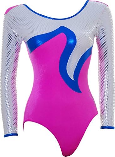 Olympique Quebec Long Sleeve Gymnastic Gym Leotard White Base With Silver Foil and Flo Pink Smooth Velvet (#997)