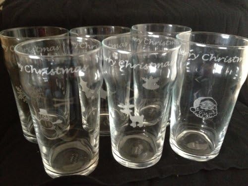 Merry Christmas Set of 6 Pint Glasses with Santa, Reindeer, Snowflake, Snowman, Bells, Holly
