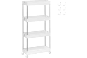 SONGMICS Rollwagen, Küchenwagen, Küchenregal, Nischenregal, mit 6 Haken, 360° drehbare Räder, Stahlgestell, Bad, Küche, Büro, 4 Ebenen, weiß KSC08WT