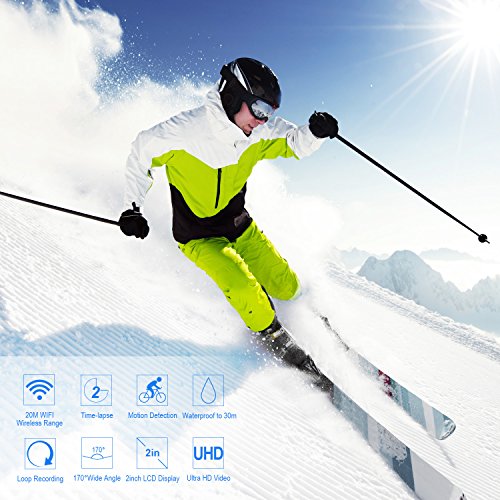 4K Action Kamera, YIPIN Ultra HD Sports Kamera Wifi 24fps 12MP 2,0 Zoll 170 ° Weitwinkel Action Cam Wasserdicht Unterwasser mit 2 Verbesserten Batterien akku und Kostenlose Zubehör Kits - 2