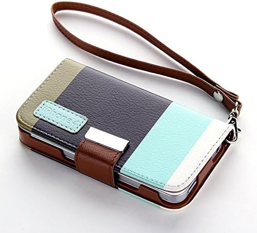 DCJ Products iPhone 4/4S Striped Premium Multi-Function Series Wallet Leather Flip Case Cover &amp; Credit Card Holder and Phone Stand (Blue/Black/Brown/Khaki）