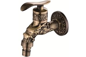 SQER Robinet lave main, machine à laver petit robinet support mural sculpté en alliage de zinc en laiton antique Bibcock décoratif extérieur robinet de jardin