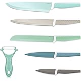 Navaris Set di coltelli Acciaio Inox Ceramica - 5X coltelli Pane Carne Pesce Frutta 1x pelaverdure con Lama in Ceramica Presa