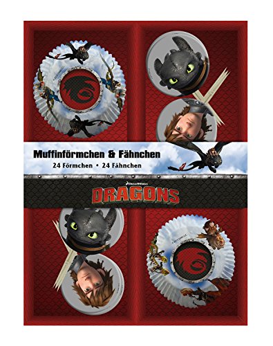 p:os 25683 - 24 Muffinförmchen mit 24 Fähnchen DreamWorks Dragons im Geschenkkarton