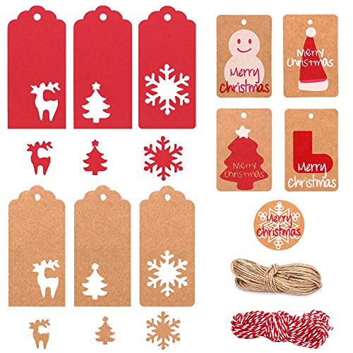 MonQi Etiquetas de Papel Kraft de Navidad, 220pcs Lindo Etiquetas de Regalo de Navidad con 10m Cuerda de Cáñamo Rojo y 20m Cuerda de Yute, 6 patrones calados y 5 patrones impresos para Navidad