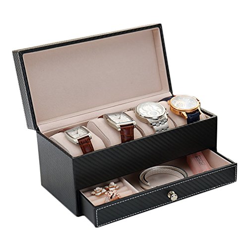 iSuperb® Leder Uhrenbox Schmuckkasten 4 Uhren Uhrenkoffer Für Damen Herren Weihnachten Geschenk 22.3x11x10.7cm (Schwarz) - 3