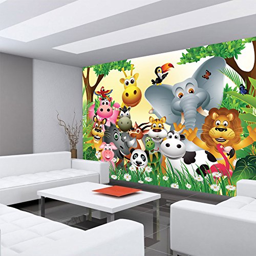 Vlies Fototapete 350×245 cm PREMIUM PLUS Wand Foto Tapete Wand Bild Vliestapete – JUNGLE ANIMALS PARTY – Kinderzimmer Kindertapete Dschungel Zoo Tiere Giraffe Löwe Affe – no. 013 - 6