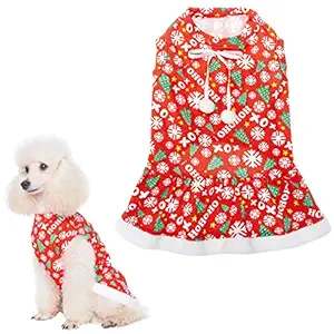 PUPTECK Christmas Dog Dress with Bowtie - Cute Dog Plush Ruffle Dresses Pet Clothes - Red Party Birthday Apparel for Small Medium Dogs Cats