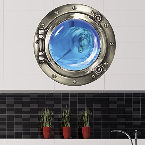 Wandkings Wandsticker Bullauge „Unterwasserwelt – Neugieriger Delfin“ – 30 x 30 cm SILBER - 3