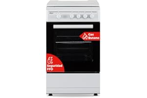 Nilson Cocina Gas Butano 4 Zonas de Cocción, Horno 43 L, Blanco NKG4500TM. Control Manual, 2 Programas de Cocción, Cristal en Puerta de Doble Capa, Tapa Abatible