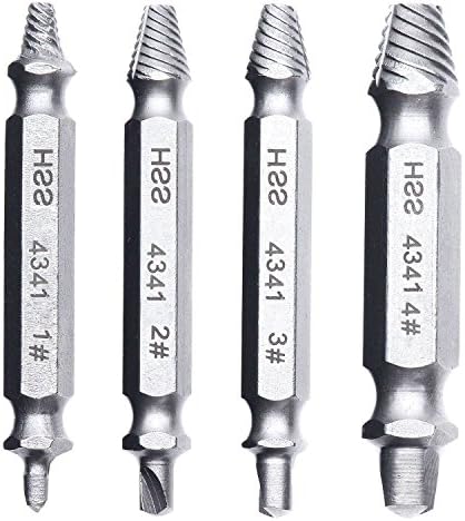 Damaged Screw Remover and Extractor Set, Easily Remove Stripped or Damaged Screws. Made From H.S.S. 4341#, the Hardness Is 62-63hrc,Set of 4 Stripped Screw Removers