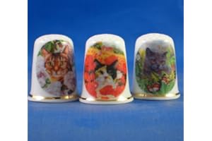 BIRCHCROFT CHINA Dés à coudre de collection en porcelaine fine, lots de 3 dés décor fleuri chats