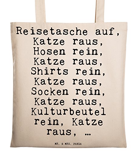 Mr. & Mrs. Panda Tragetasche mit Spruch "Reisetasche auf, Katze raus, Hosen rein, Katze raus, Shirts rein, Katze raus, Socken rein, Katze raus, Kulturbeutel rein, Katze raus, …" - 100% handmade aus Baumwolle - Tragetasche, Tasche, Beutel, Jutetasche, Bag, Jutebeutel, Einkaufstasche, Motiv, Spruch, bedruckt, Druck Katze, Kater, Tier, Haus, Herrchen, Frauchen, Geschenk, Spruch, lustig, witzig, Reise, Koffer Spruch Sprüche Lustig Spass Geschenk Geschenkidee Zitate