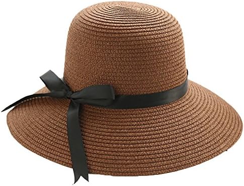 Ladies' Summer Sun Hat Folding Beach Beach Hat Crushable Straw Ribbon Braid Fashion Hard Hat Sun,Brown-M