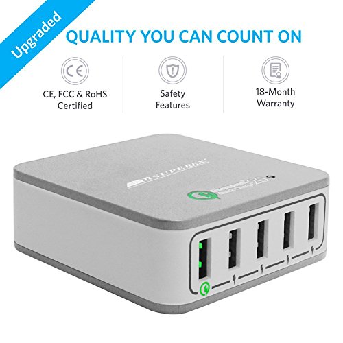 SUPEREX® Ladegerät schnellladegerät Lader Adapter Schnelle Ladefunktion slim USB Wall Charger 40W 5-Port für Samsung Galaxy S7 S6 / Sony Xperia Z5 Z4 Z3 / HTC / LG / Sharp Aquos[Qualcomm Quick Charge 2.0] - Silber