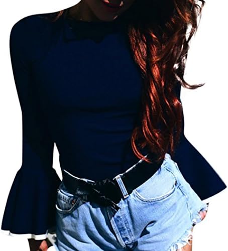 Women Blouse Shirt Top LILICAT Ladies Ruffle Frill Long Sleeve Casual Slim Solid Color Tops Blouse Office Wear Shirt Tops Fashion Spring Autumn Plus Size (Navy, Size:M)